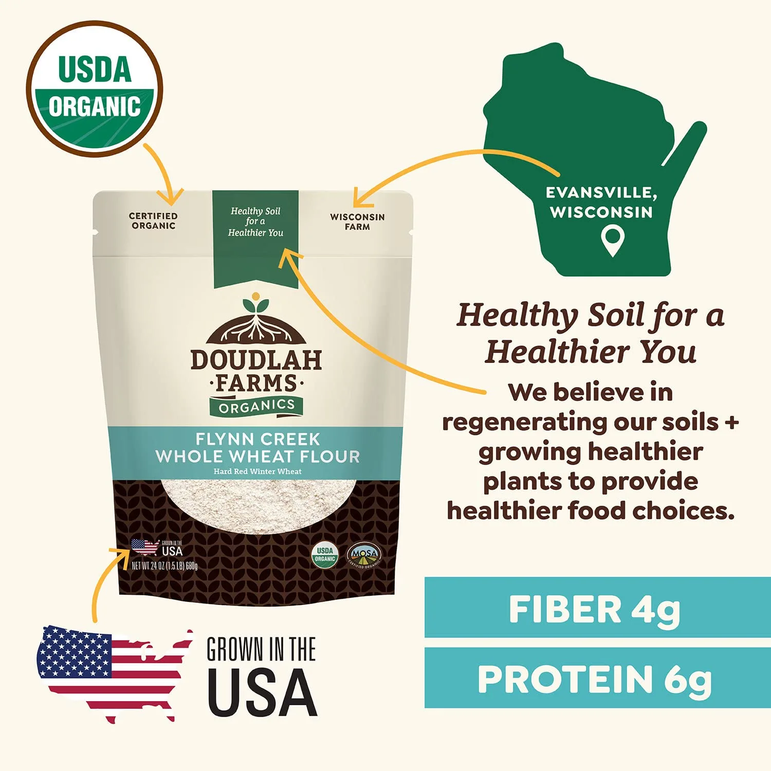 Organic Whole Wheat Flour 1.5lb by Doudlah Farms - Farmed From Regenerative Soil | Vegan, Non-GMO, Grown In USA | For Baking Bread, Pizza, Pasta, and More!