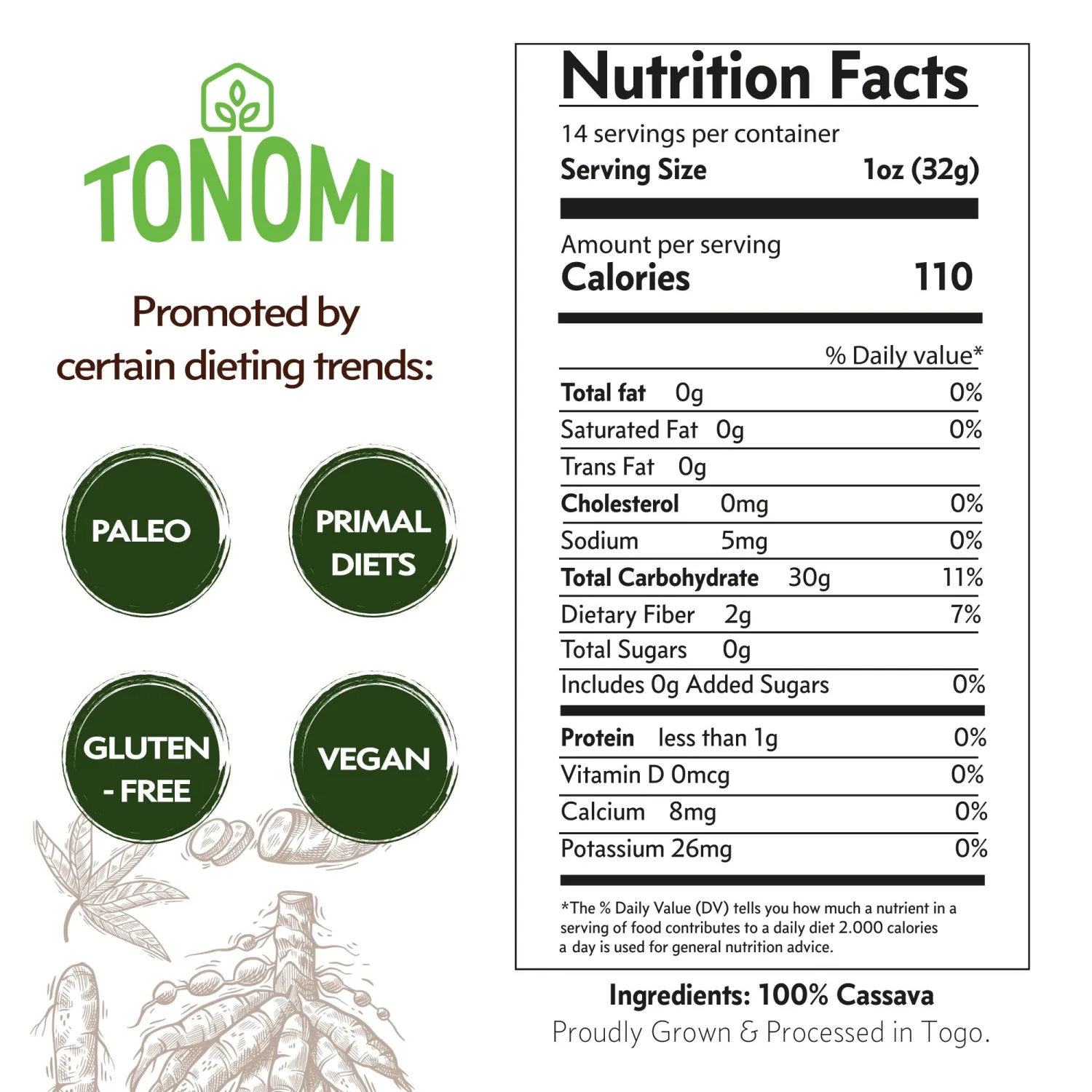 Tonomi All Natural Cassava Flour, Gluten-Free Flour for Baking, Paleo, Celiac, Verified Non-GMO, Kosher and Halal, Made from 100% Togolese Cassava, 1lb Bag