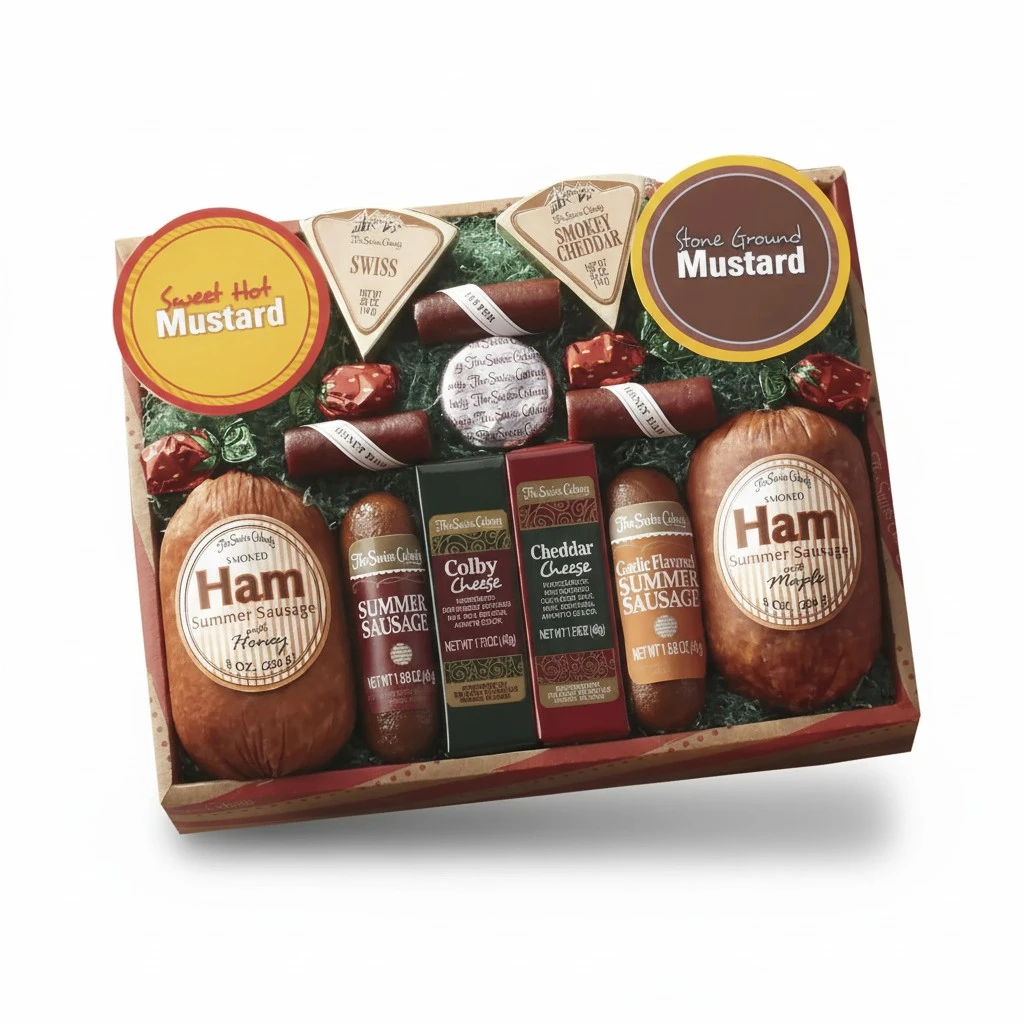 The Swiss Colony 14 Country Favorites - Assorted Ham, Summer Sausages, Mini Beef Sticks, Cheese Bars & Wedges, Mustards, & Candies, Cheese and Sausage Gift Basket, Charcuterie Food Box, Meat Gifts