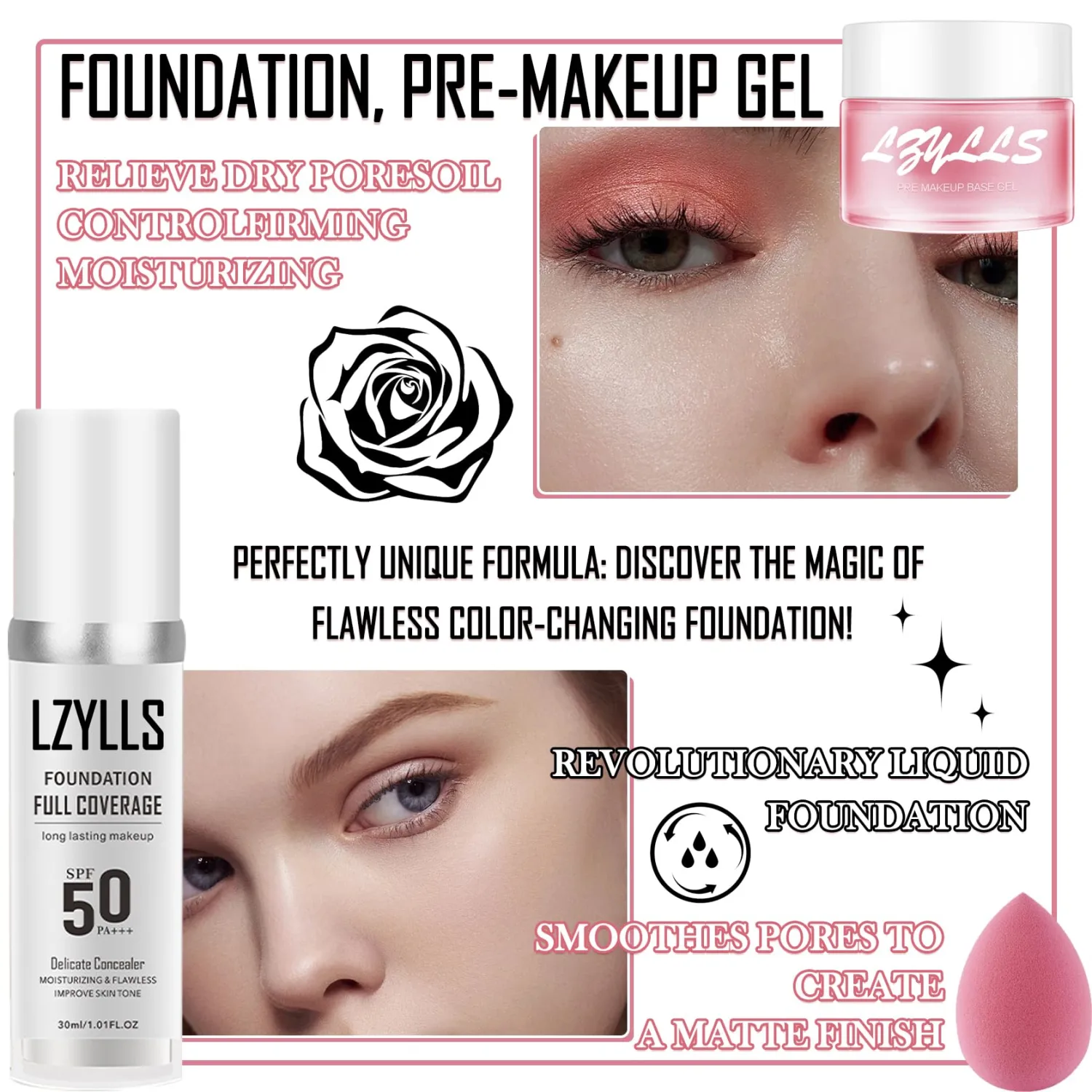 Flawless Face Primer Pore Base Gel Cream,Magical Perfecting Base Face Primer Under Color Changing Liquid Foundation Set,Moisturising Full Coverage Foundation Concealer with Makeup Sponge