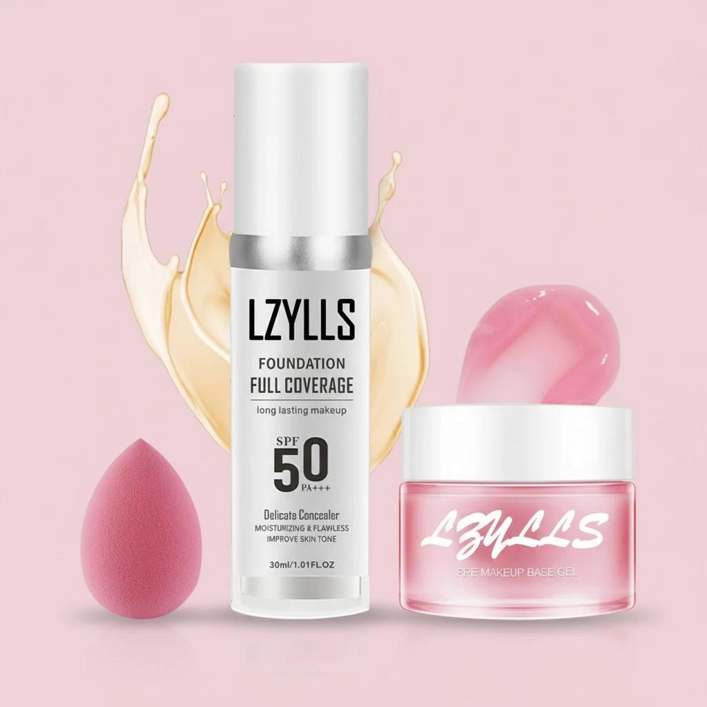 Flawless Face Primer Pore Base Gel Cream,Magical Perfecting Base Face Primer Under Color Changing Liquid Foundation Set,Moisturising Full Coverage Foundation Concealer with Makeup Sponge
