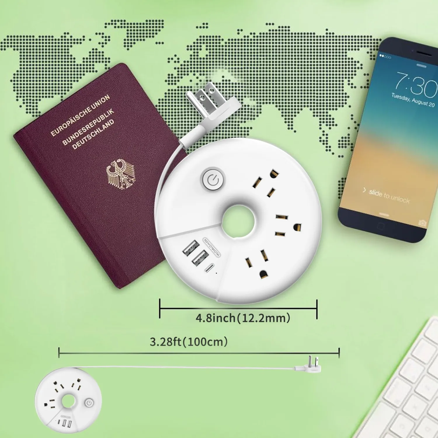 Travel Power Strip, NTONPOWER 3 Outlets 3 USB(1 USB C) Cruise Approved Power Strip, Short Extension Cord 3ft, Travel Essentials for Home, Hotels, Cruise Ship, Vacation, White, i-Donut Power Strip