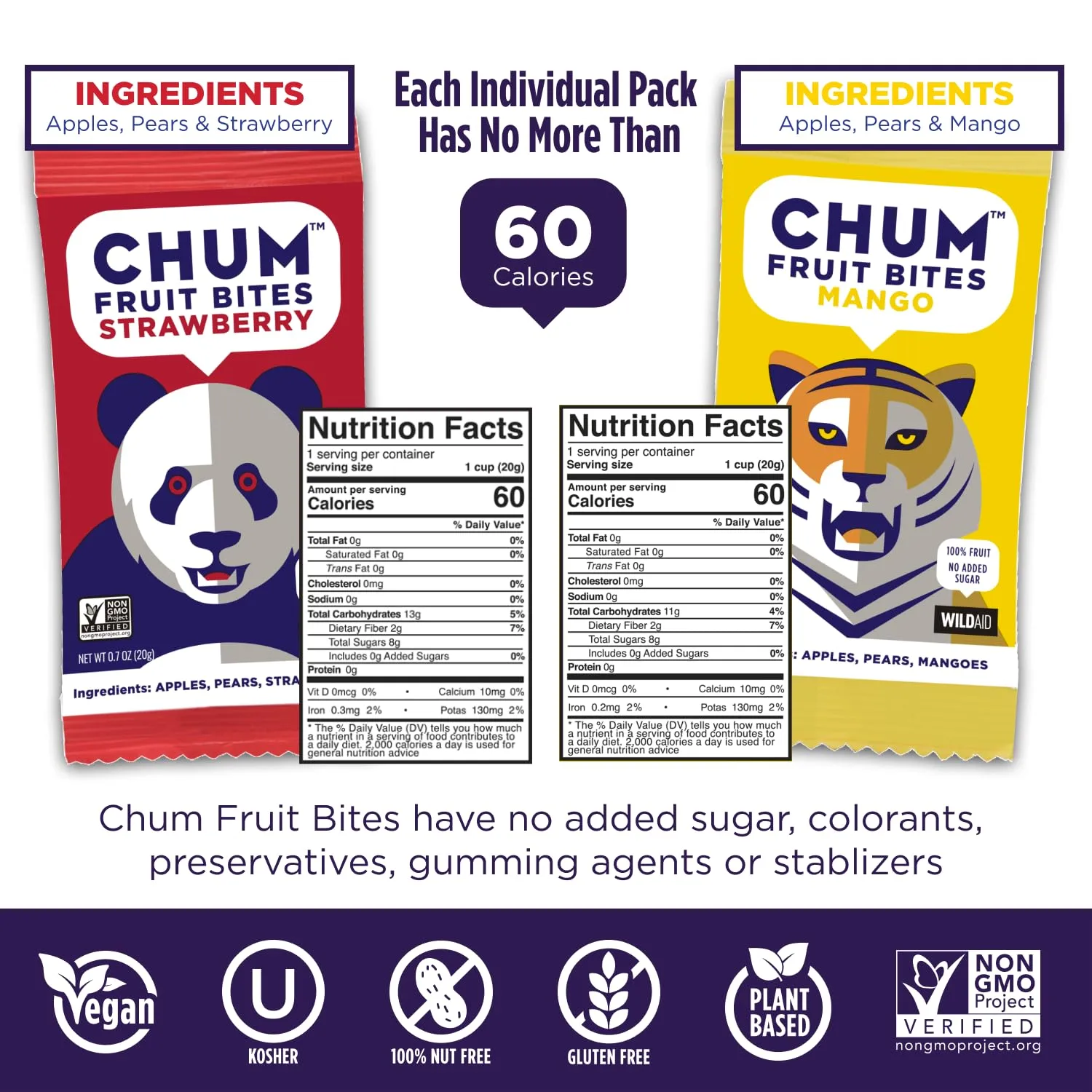 Chum Fruit Bites 100% Real Fruit Snacks | Strawberry + Mango, 12 Ct | Non-GMO, No Added Sugar or Preservatives | Top 12 Allergen and School Friendly, Nut-Free, Gluten-Free, Vegan, Kosher, Paleo