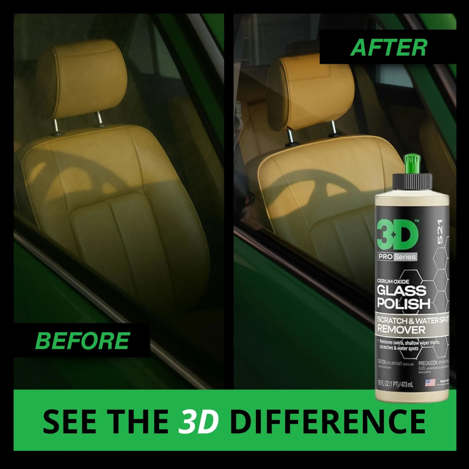3D Glass Polish – Cerium Oxide Glass Scratch Remover for Car Windows – Restores Clarity & Removes Wiper Marks, Swirls, Water Spots - 16oz