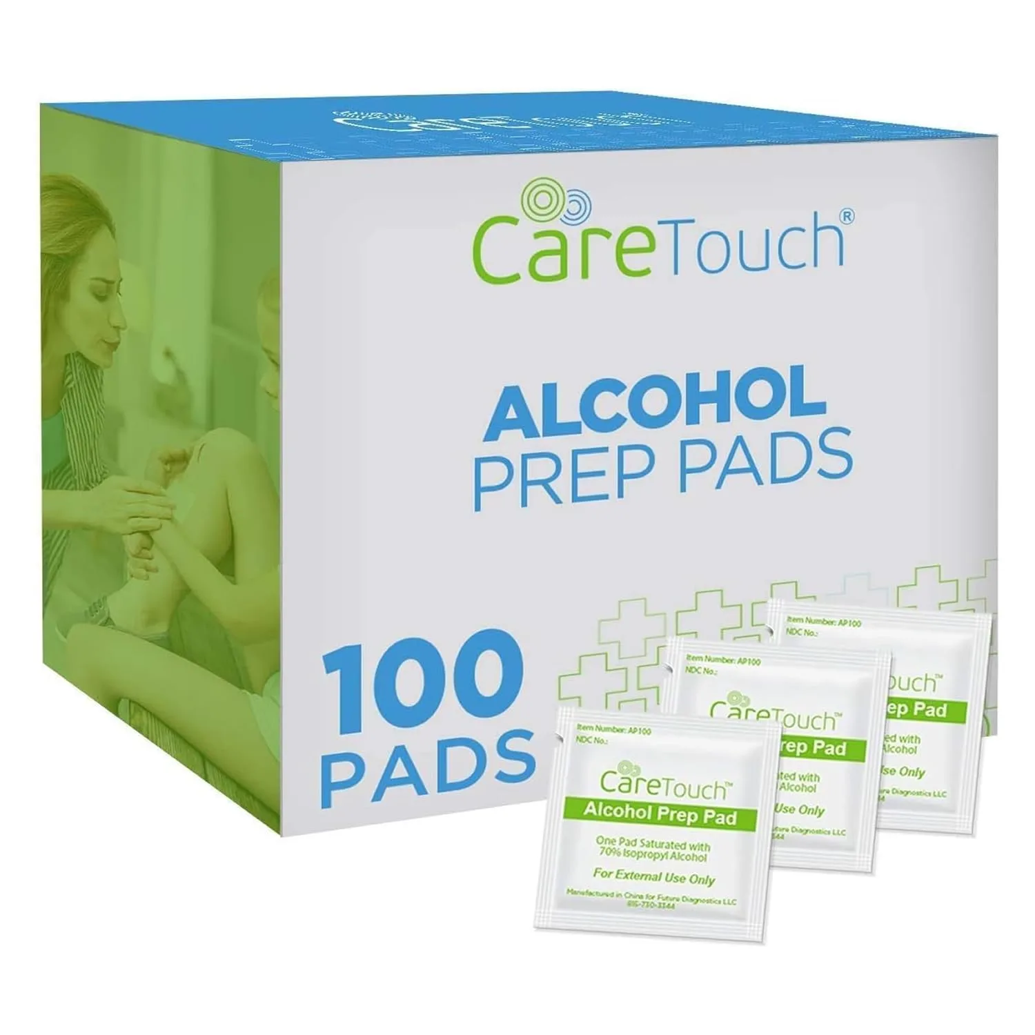 Care Touch Hand Sanitizing Wipes - 100 Individually Wrapped Alcohol Prep Pads with 70% Isopropyl - Sterile 2-Ply Antiseptic Swabs for First Aid, Cleaning, Travel and Everyday Use