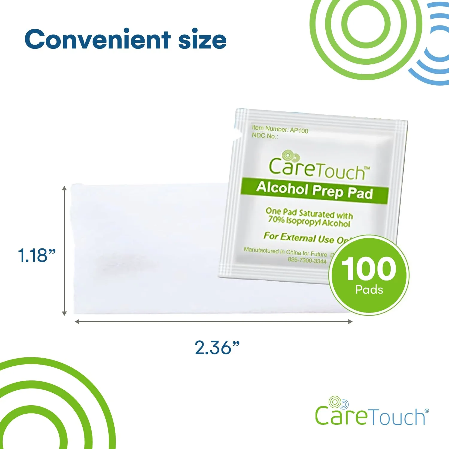 Care Touch Hand Sanitizing Wipes - 100 Individually Wrapped Alcohol Prep Pads with 70% Isopropyl - Sterile 2-Ply Antiseptic Swabs for First Aid, Cleaning, Travel and Everyday Use