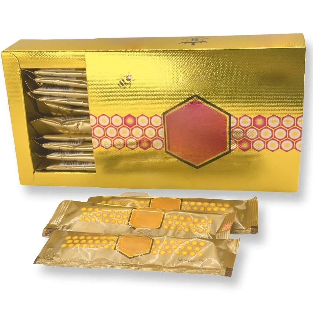 Large 12 Pack of Original Extra Strong Full Strength Natural Honey Pack Enriched with Natural Jelly - Bee Pollen from Ginseng Blossoms & Herbs, Full 12ct Box of 20G Each Honey Sachets Pouches