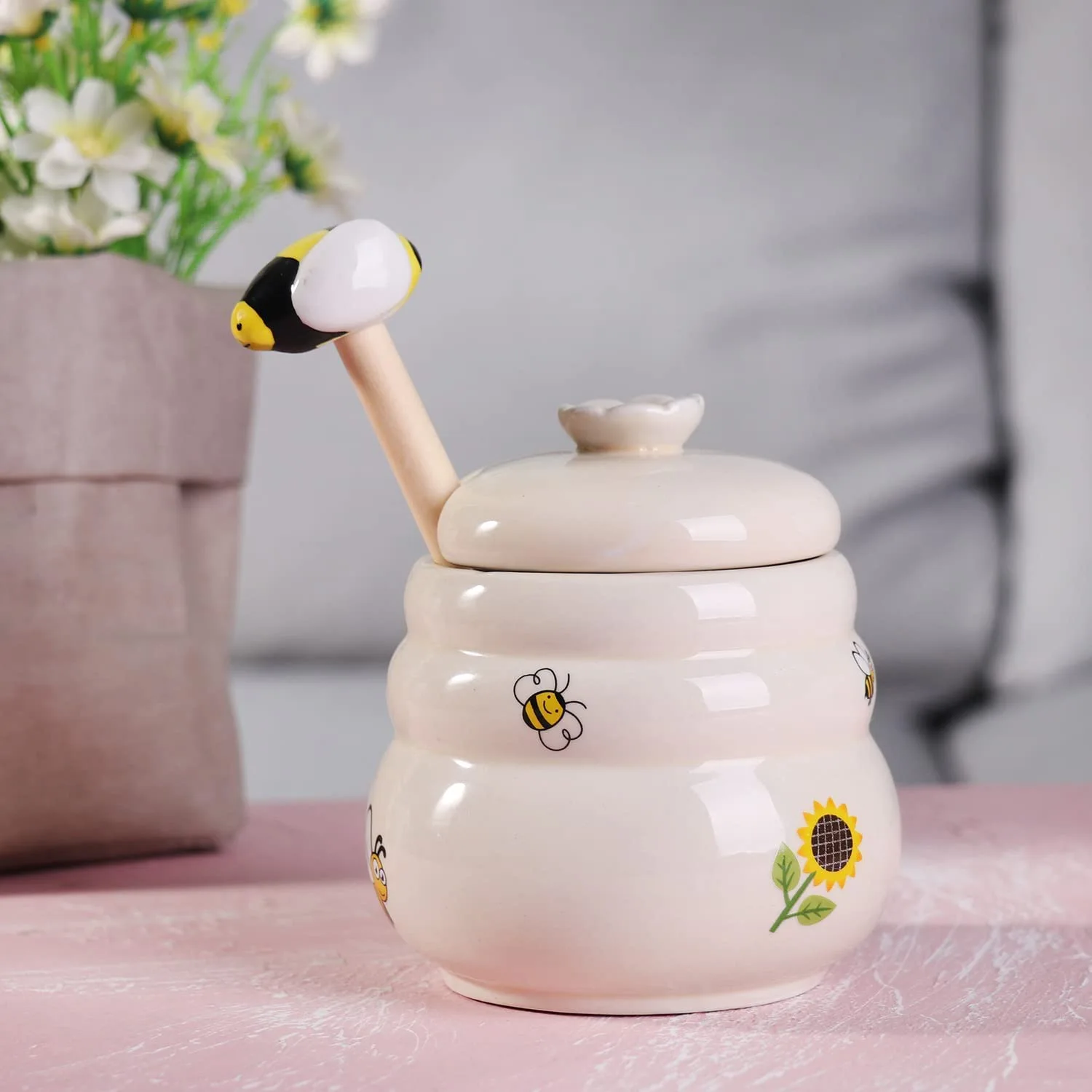 Ceramic Honey Jar with Wooden Honey Dipper-Honey Pot with Dipper- Honey Jar with Stand, Great Bee Decor- Farmhouse Kitchen Decoration (Honey Jar-Bee)