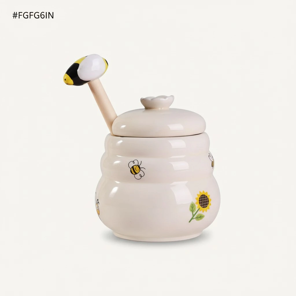 Ceramic Honey Jar with Wooden Honey Dipper-Honey Pot with Dipper- Honey Jar with Stand, Great Bee Decor- Farmhouse Kitchen Decoration (Honey Jar-Bee)