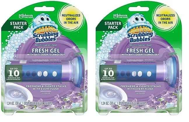Scrubbing Bubbles Toilet Gel Stamps, Fresh Gel Toilet Cleaning Stamps, Helps Keep Toilet Clean and Helps Prevent Limescale & Toilet Rings, Lavender Scent, 1 Dispenser with 6 Stamps (Pack of 2)