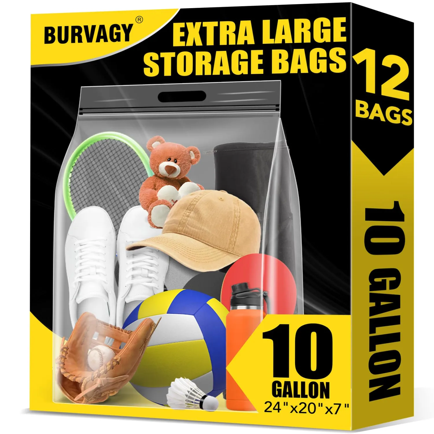 10 Gallon Extra Large Bags for Storage, 24"x 20”Resealable Clear Bags with Handle, 4 Mil Thick,XL Heavy Duty for Clothes Pillow Travel Organization Moving, Double Zipper Seal, 12 Pack