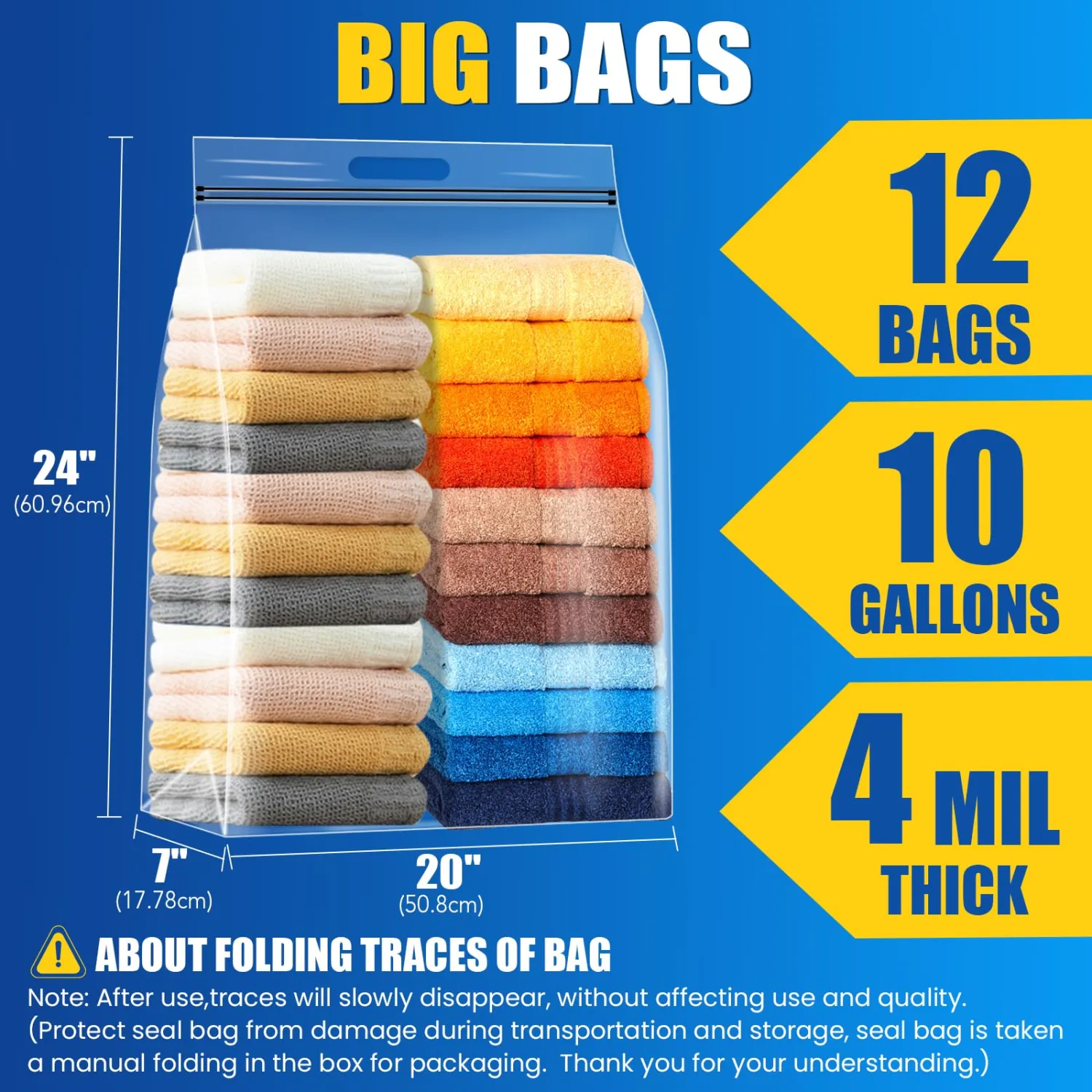 10 Gallon Extra Large Bags for Storage, 24"x 20”Resealable Clear Bags with Handle, 4 Mil Thick,XL Heavy Duty for Clothes Pillow Travel Organization Moving, Double Zipper Seal, 12 Pack