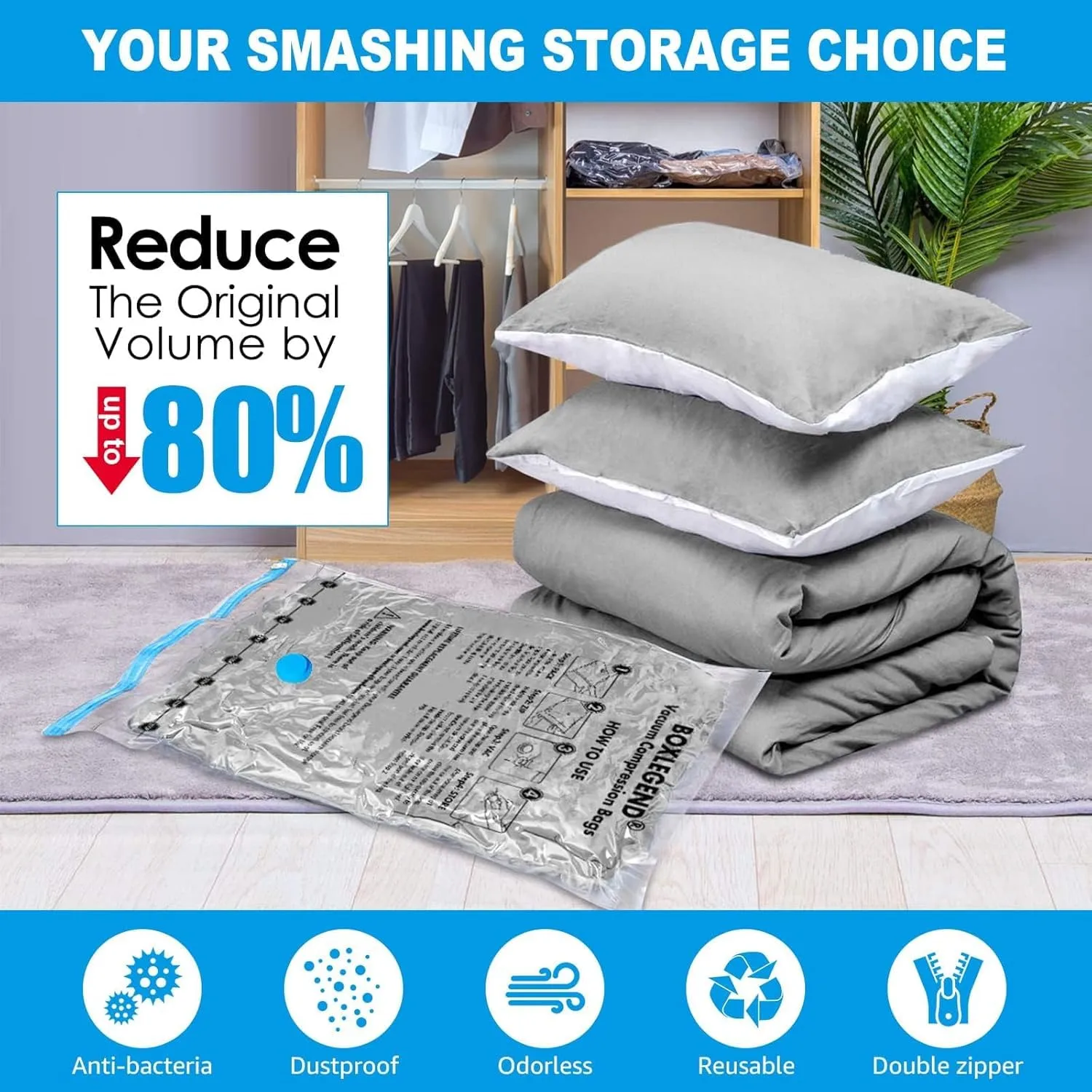 BoxLegend Vacuum Storage Bags 6 Medium Vacuum Pack Bags Space Saving Double Zipper Seal & Leak Valve Reusable for Clothes Pillow Comforters Bedding, 19.68’’x27.56’’, 1 Pump