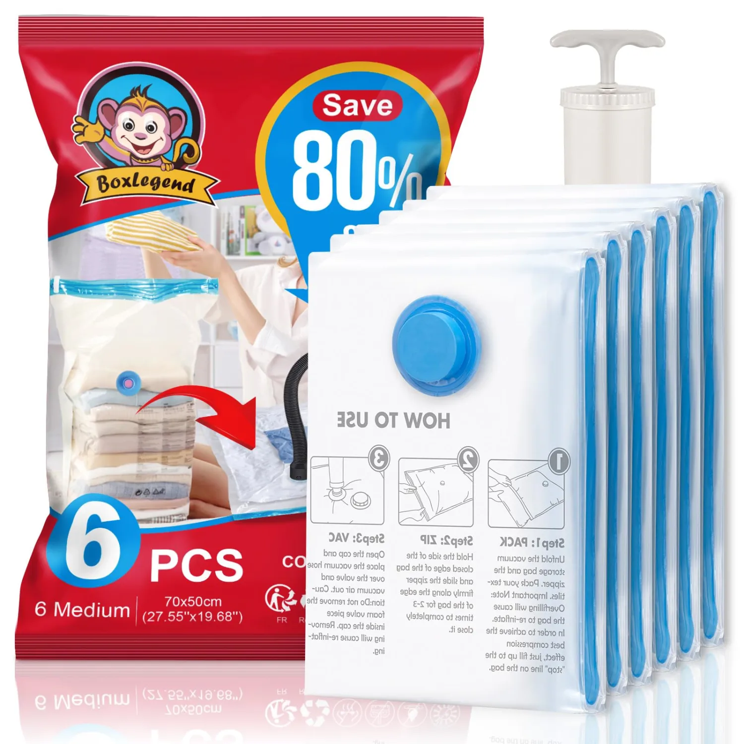 BoxLegend Vacuum Storage Bags 6 Medium Vacuum Pack Bags Space Saving Double Zipper Seal & Leak Valve Reusable for Clothes Pillow Comforters Bedding, 19.68’’x27.56’’, 1 Pump