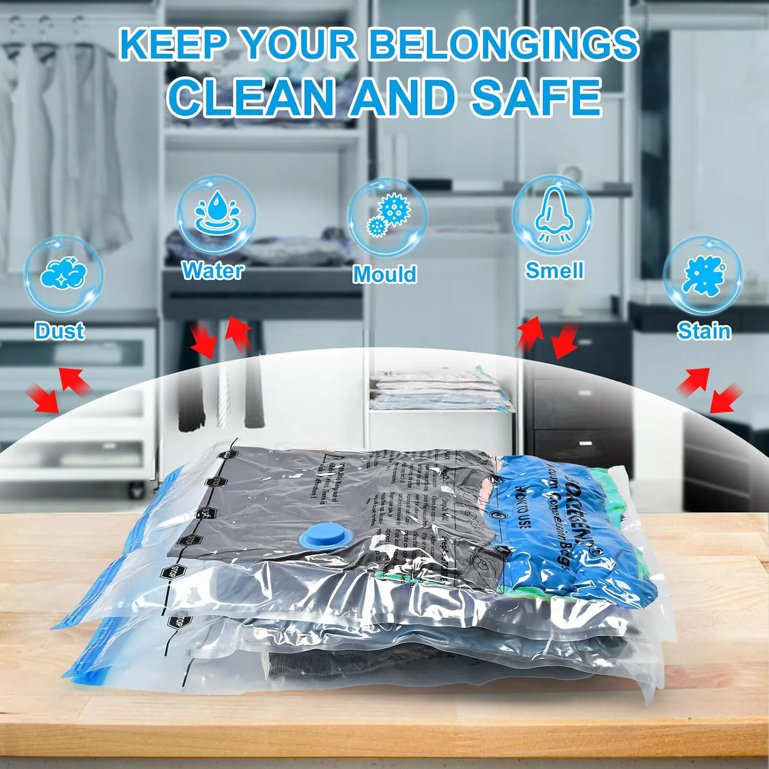 BoxLegend Vacuum Storage Bags 6 Medium Vacuum Pack Bags Space Saving Double Zipper Seal & Leak Valve Reusable for Clothes Pillow Comforters Bedding, 19.68’’x27.56’’, 1 Pump