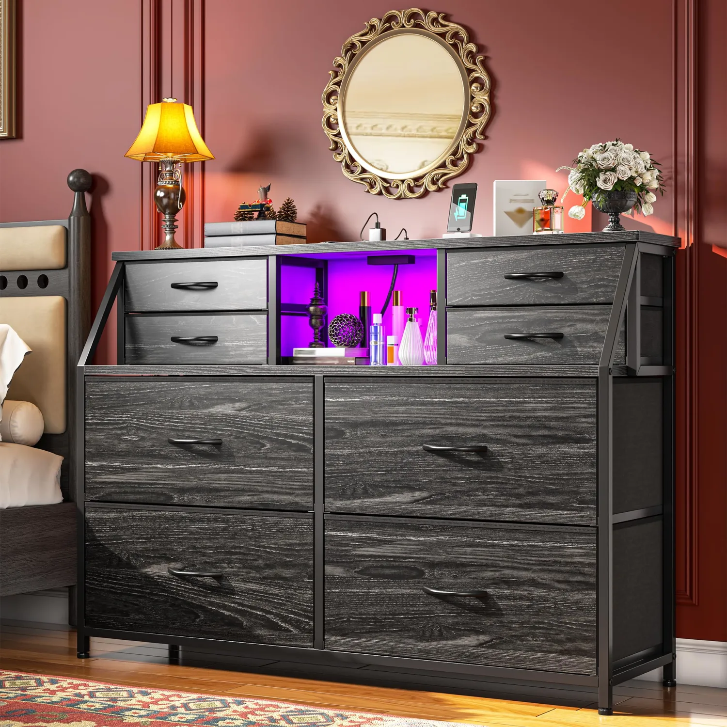 Dresser for Bedroom with Charging Station and LED, Sturdy Chest of Drawers with 8 Drawers and Two Open Shelves for Storage,Bedroom, Living Room,Hallway (Black)