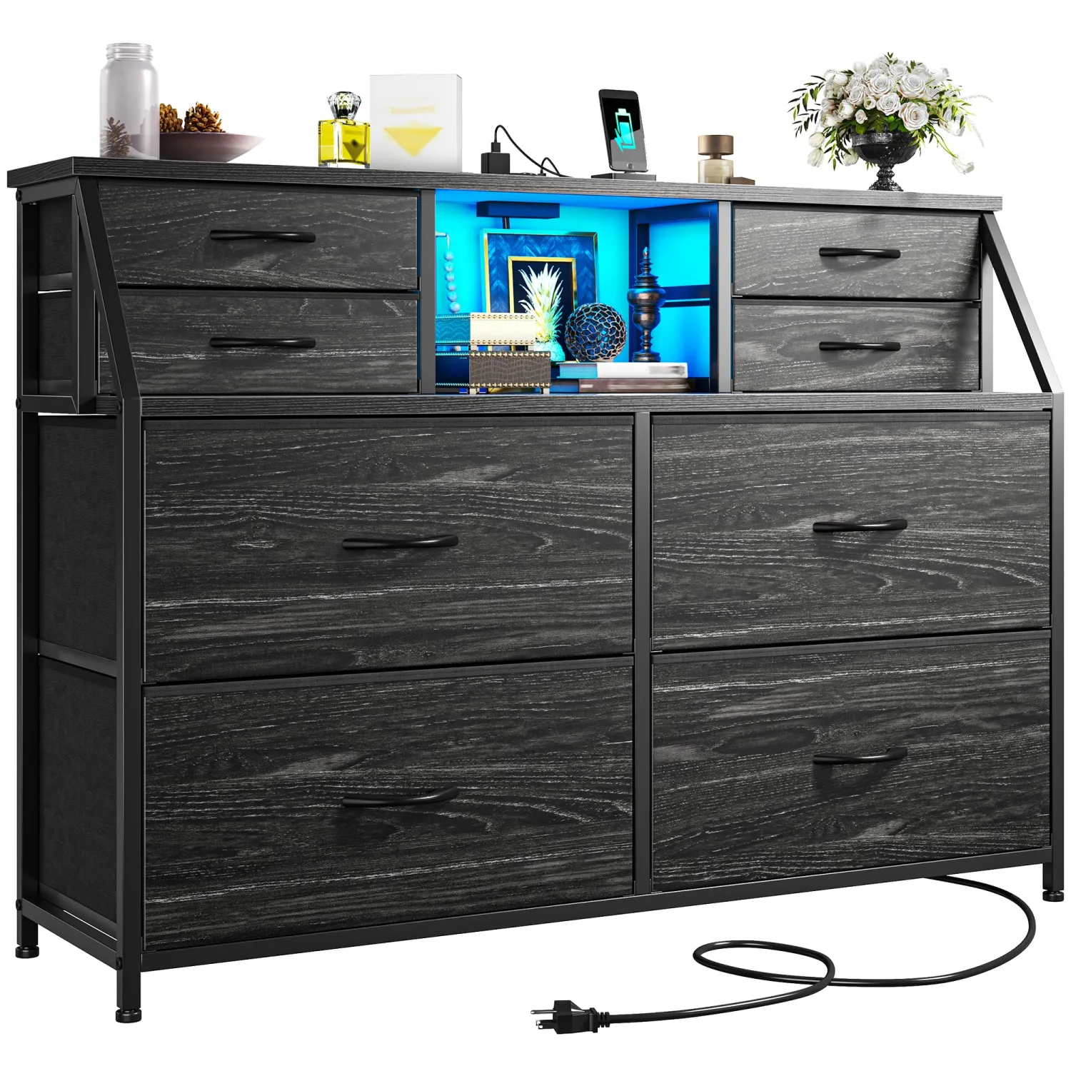 Dresser for Bedroom with Charging Station and LED, Sturdy Chest of Drawers with 8 Drawers and Two Open Shelves for Storage,Bedroom, Living Room,Hallway (Black)