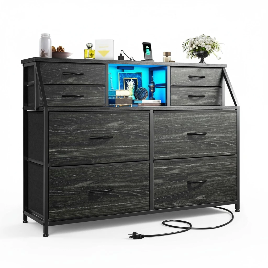Dresser for Bedroom with Charging Station and LED, Sturdy Chest of Drawers with 8 Drawers and Two Open Shelves for Storage,Bedroom, Living Room,Hallway (Black)