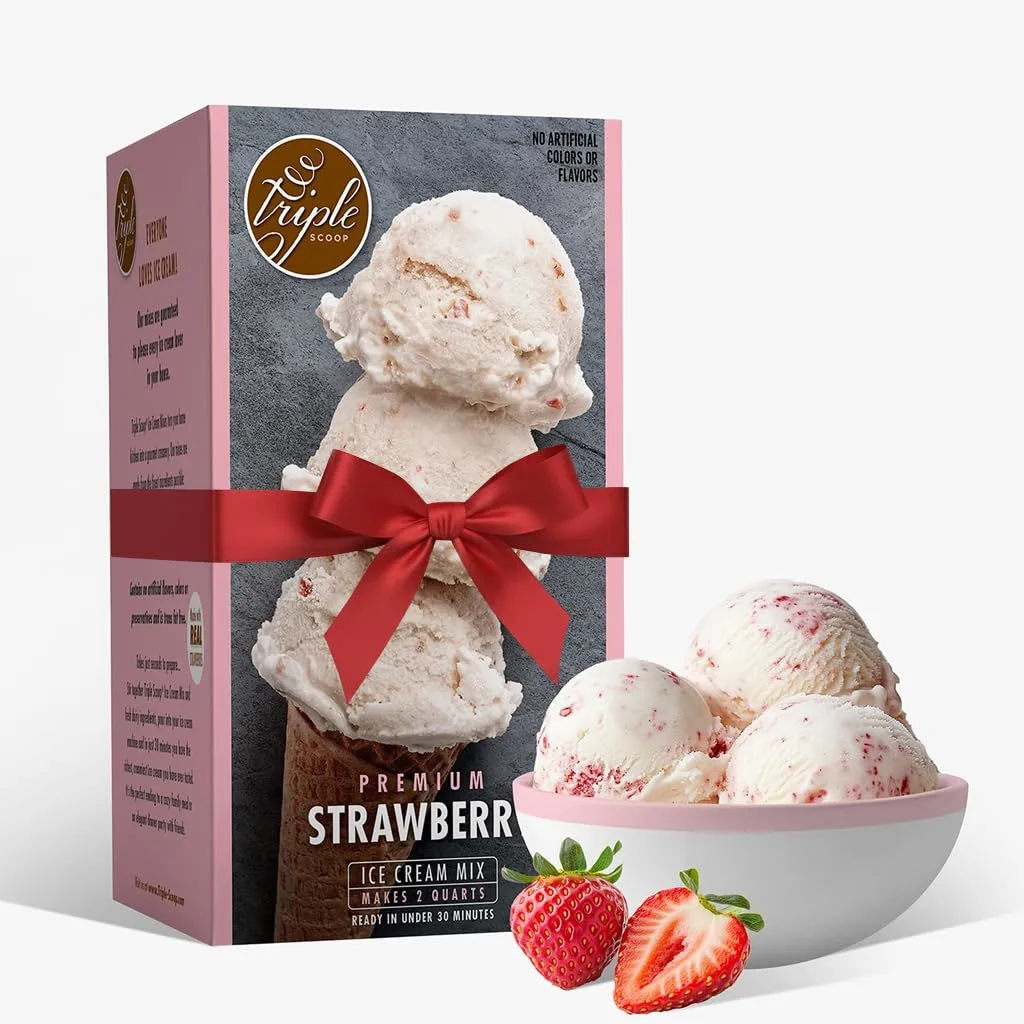Triple Scoop - Premium Strawberry Ice Cream Mix For Ice Cream Maker. Simple, Easy, Delicious. From Gourmet Mix To Maker in 5 Minutes, Makes 2 Creamy Quarts, Made in USA (1 Pack, Strawberry)