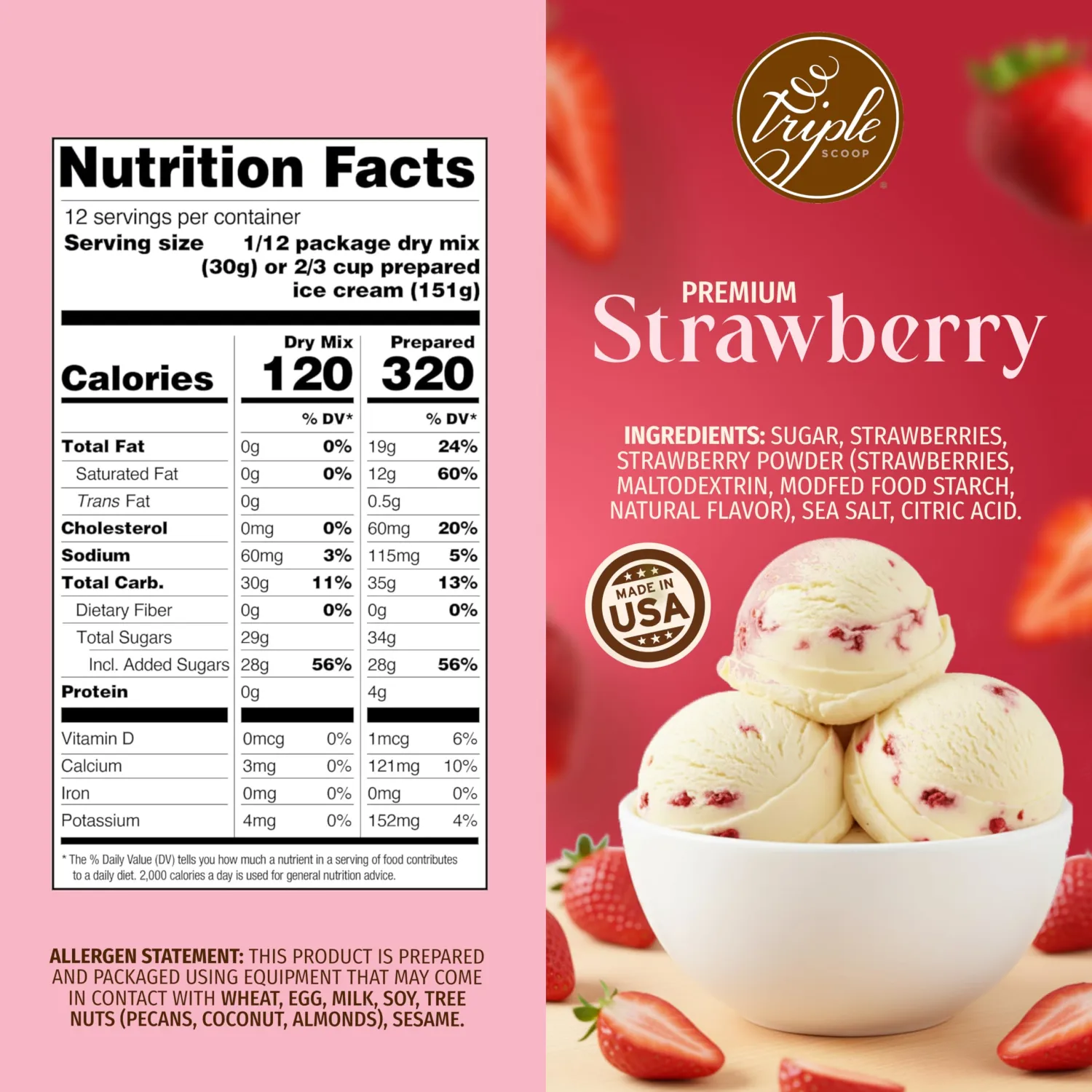 Triple Scoop - Premium Strawberry Ice Cream Mix For Ice Cream Maker. Simple, Easy, Delicious. From Gourmet Mix To Maker in 5 Minutes, Makes 2 Creamy Quarts, Made in USA (1 Pack, Strawberry)