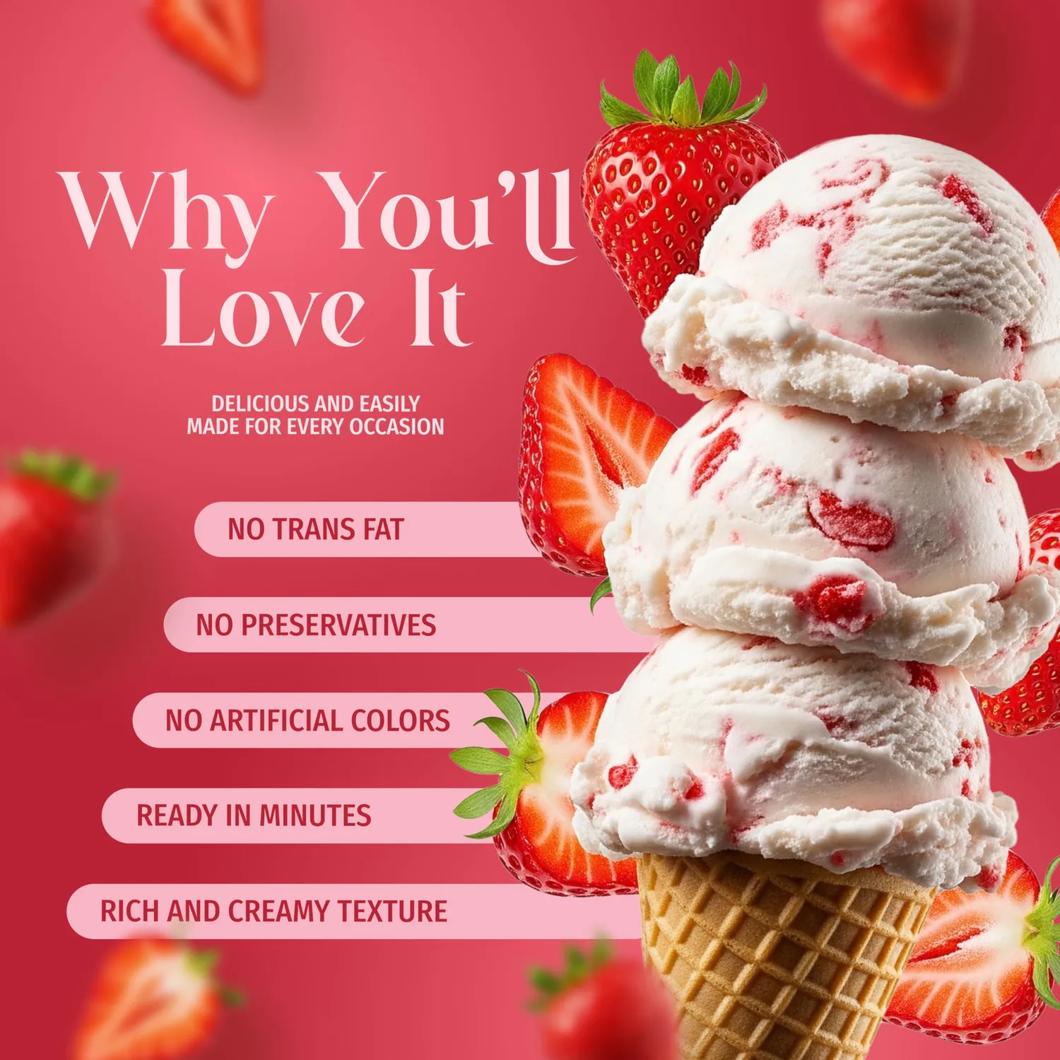 Triple Scoop - Premium Strawberry Ice Cream Mix For Ice Cream Maker. Simple, Easy, Delicious. From Gourmet Mix To Maker in 5 Minutes, Makes 2 Creamy Quarts, Made in USA (1 Pack, Strawberry)