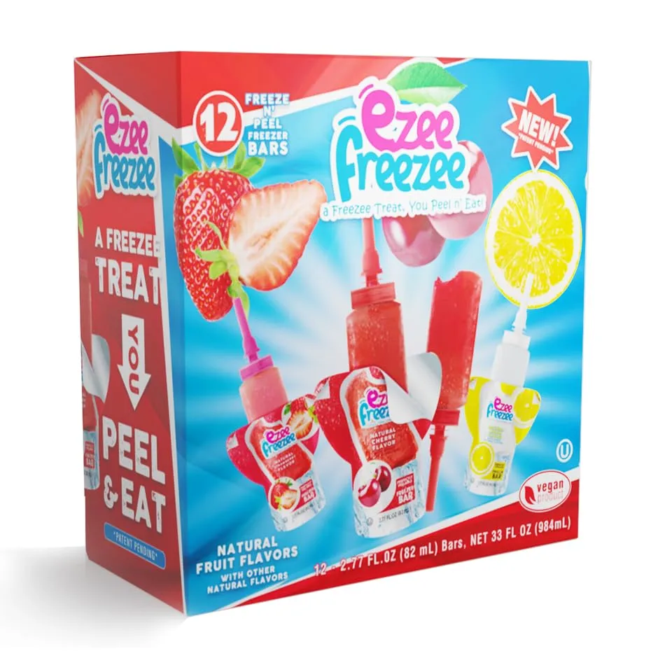 EZEE FREEZEE Freezer Bars, Vegan Popsicles, Nut, Dairy & Gluten Free Ice Pops, Freeze and Peel Popsicle, Frozen Treats for Adults & Kids, No Artificial Ingredients, Variety Pack, 2.77 FL OZ, 12 Pack