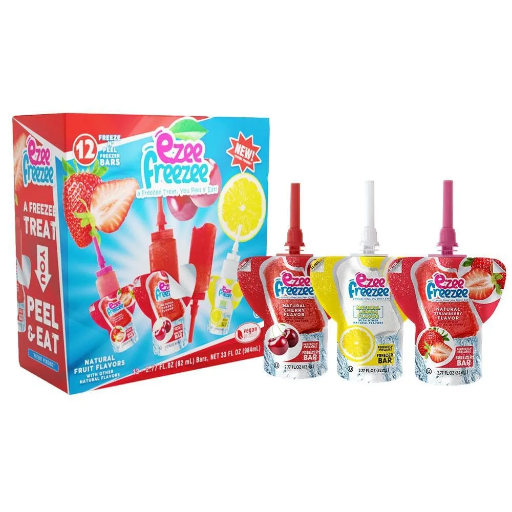 EZEE FREEZEE Freezer Bars, Vegan Popsicles, Nut, Dairy & Gluten Free Ice Pops, Freeze and Peel Popsicle, Frozen Treats for Adults & Kids, No Artificial Ingredients, Variety Pack, 2.77 FL OZ, 12 Pack