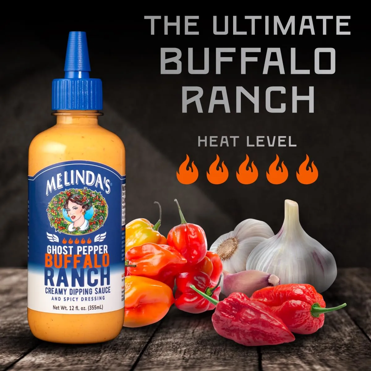 Melinda’s Ghost Buffalo Ranch - 12 oz, 1 Pack - Spicy Ranch Sauce, Hot Creamy Sauce With Ghost Peppers - Perfect for Wings, Pizza, Fries