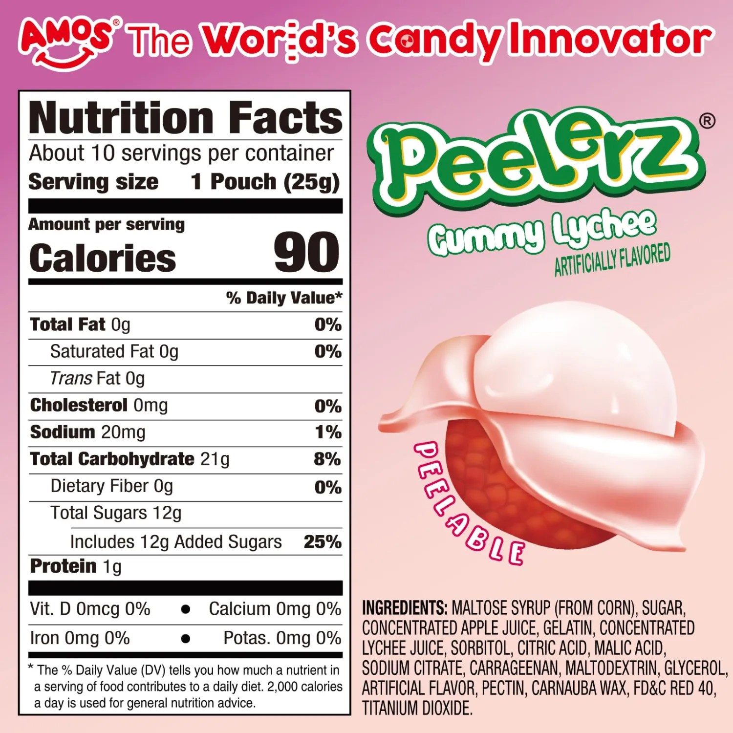 AMOS Peelerz Lychee Gummy Candy, Peelable Fruit-Shaped Candy, 8.47oz Box with 10 Individual Packs – Fun Peeling Gummy Snack Made with Real Juice