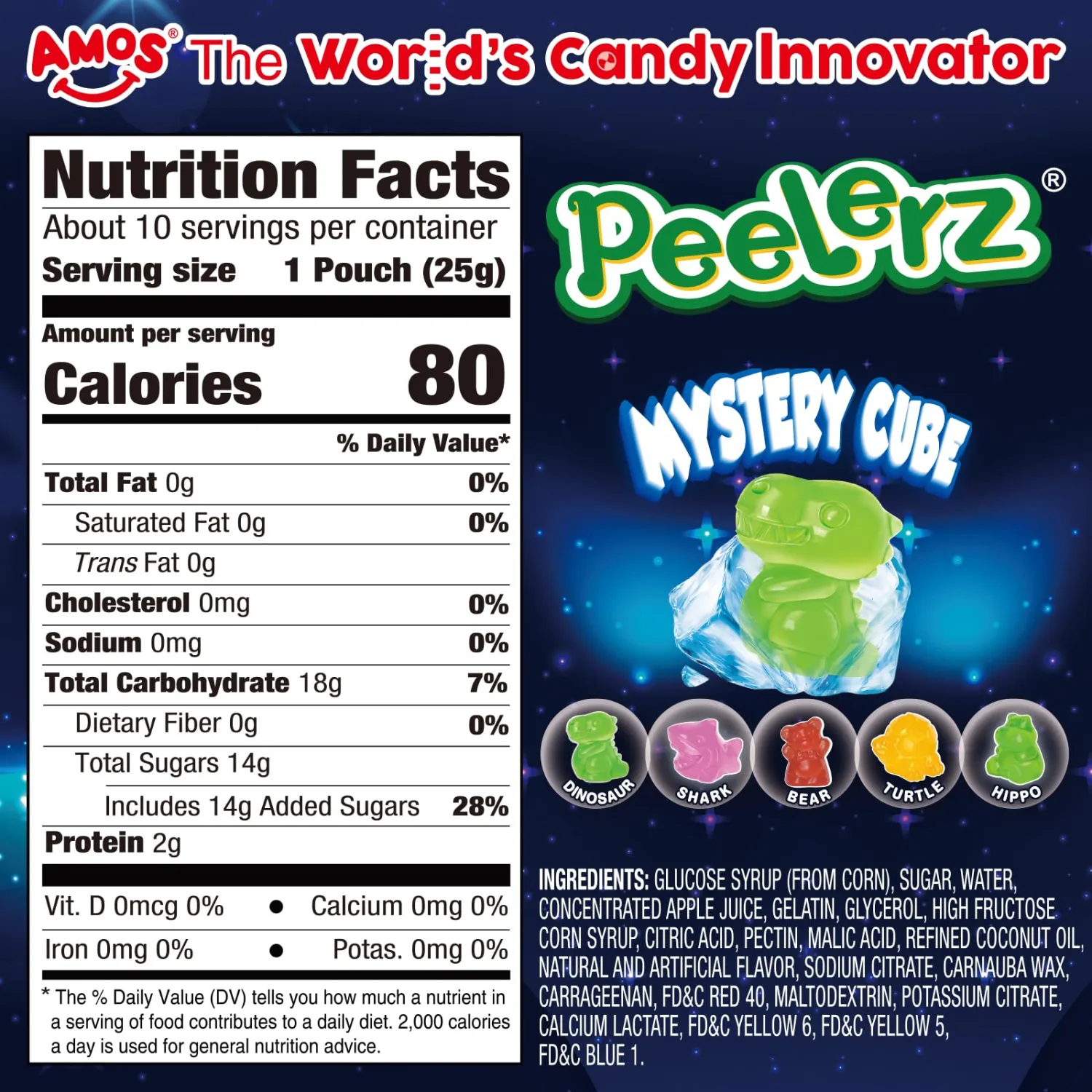 AMOS Peelerz Mystery Cube Peelable Gummy Candy – 3D Peeling Candy – 8.47oz Box with Approximately 10 Pouches – Made with Real Fruit Juice
