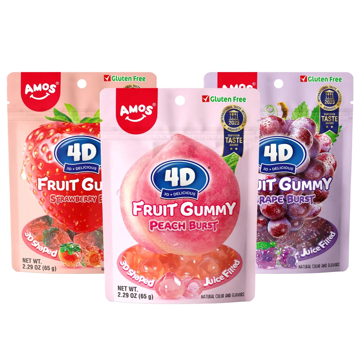 AMOS Gummy Candy 4D Fruit Gummies, Fruit Snacks Strawberry Peach Grape Burst, Resealable 2.29oz Bag, Natural Flavor (3 Pack Variety)