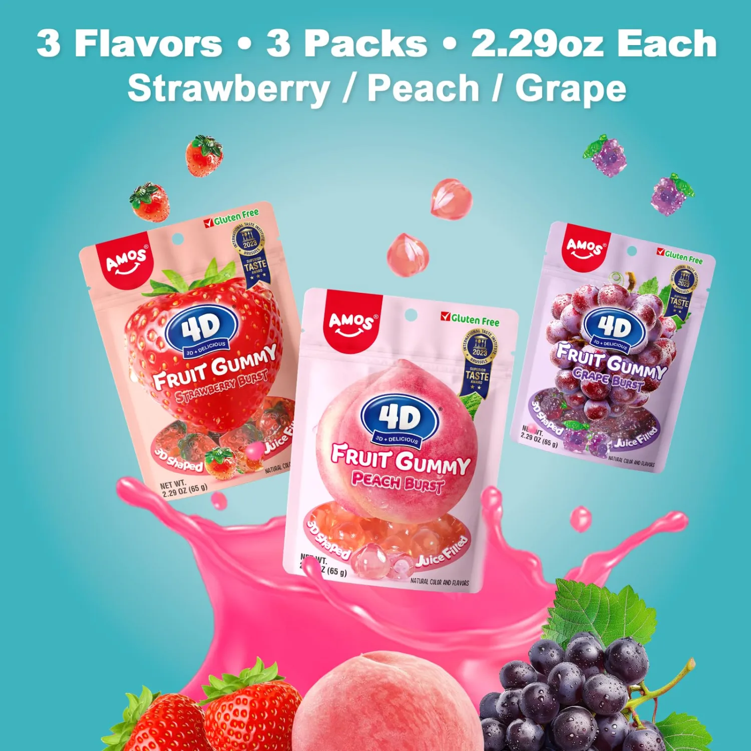 AMOS Gummy Candy 4D Fruit Gummies, Fruit Snacks Strawberry Peach Grape Burst, Resealable 2.29oz Bag, Natural Flavor (3 Pack Variety)