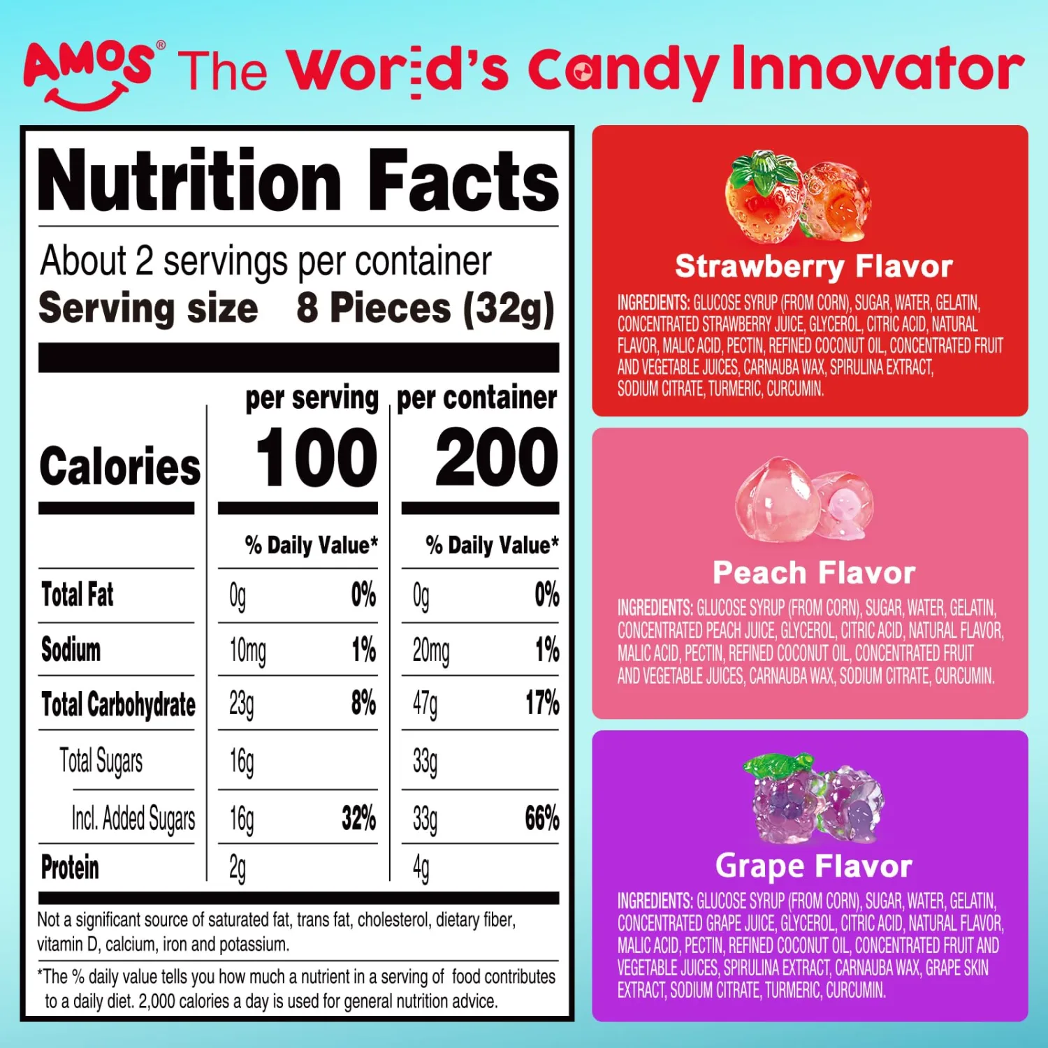 AMOS Gummy Candy 4D Fruit Gummies, Fruit Snacks Strawberry Peach Grape Burst, Resealable 2.29oz Bag, Natural Flavor (3 Pack Variety)