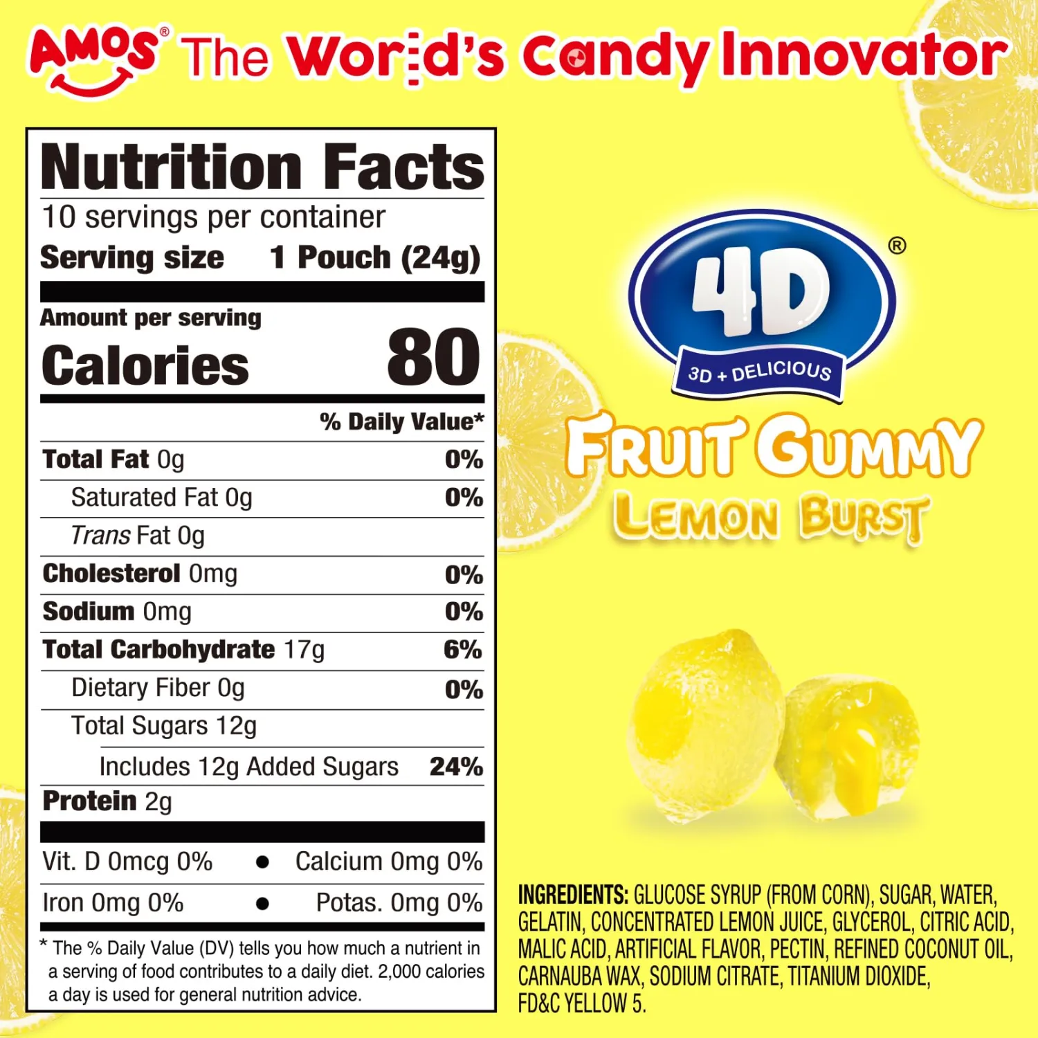 AMOS 4D Fruit Gummy Candy – Lemon Burst Flavor, 8.47oz Bag – 3D Shaped, Juice-Filled Gummies – Fun & Delicious Snack, Gluten-Free, Kid & Family Favorite