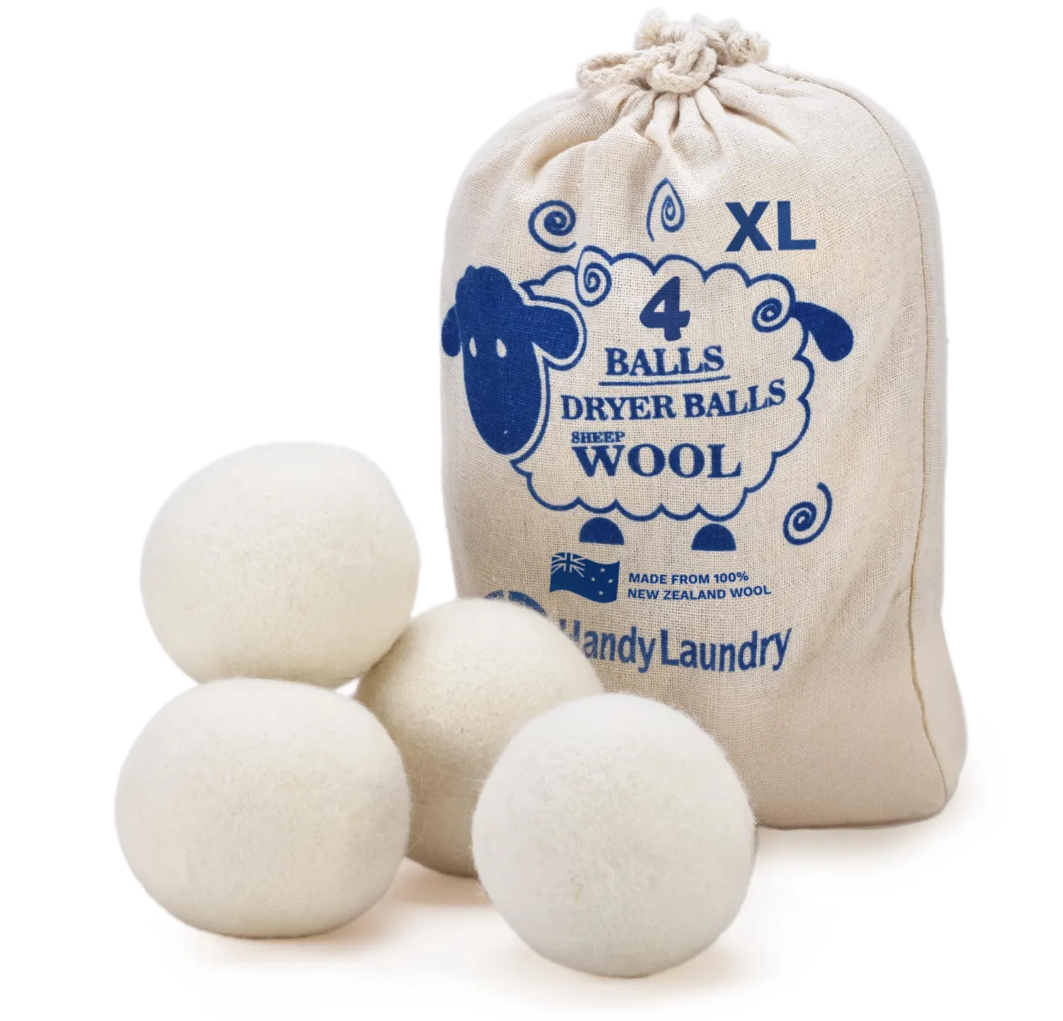 Handy Laundry Wool Dryer Balls - Natural Fabric Softener, Reusable, Reduces Clothing Wrinkles and Saves Drying Time, Better Alternative to Plastic Balls and Liquid Softener (Pack of 4)