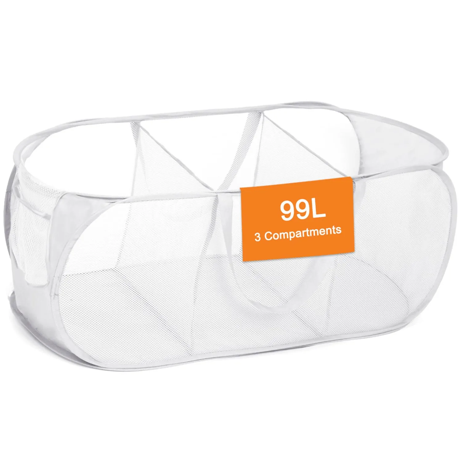 Durable Collapsible Foldable Mesh Pop Up Laundry Basket, 3 Compartments Easy to Carry & Sort Clothes Hampers for Home, Dorm, Travel White