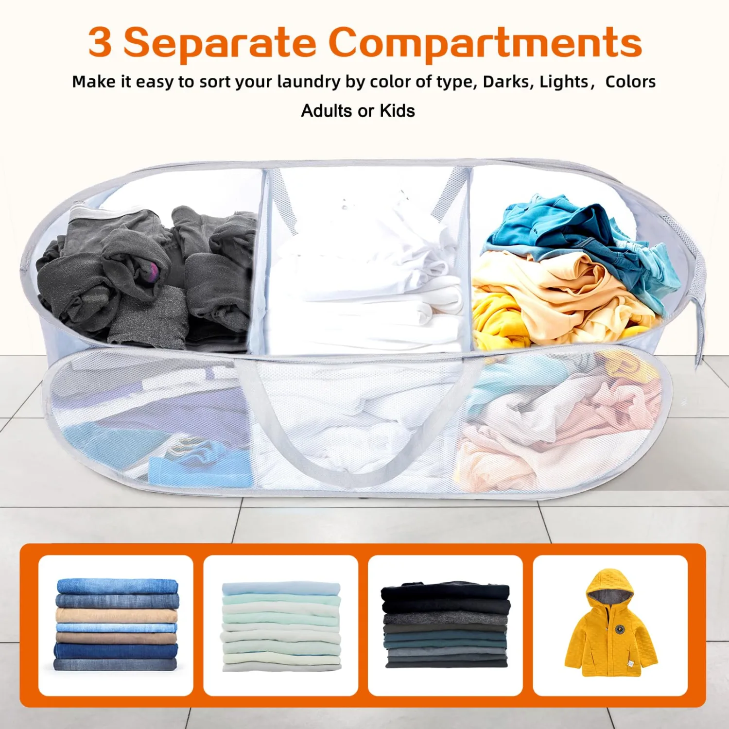 Durable Collapsible Foldable Mesh Pop Up Laundry Basket, 3 Compartments Easy to Carry & Sort Clothes Hampers for Home, Dorm, Travel White