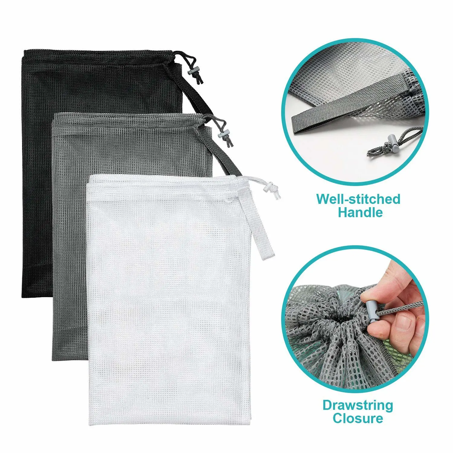 Dalykate Mesh Laundry Bags, 24" x 36", Heavy Duty with Reinforced Handles, Foldable & Portable, Drawstring Closure, 3-Pack Mixed Colors
