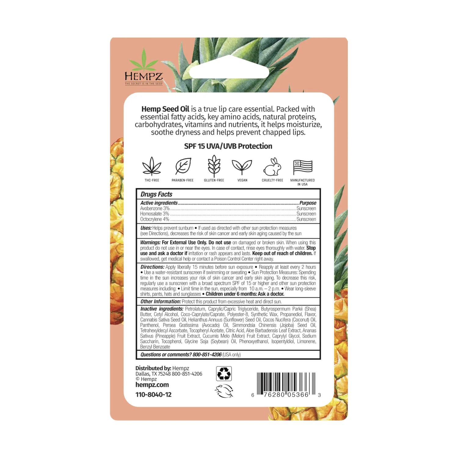 Hempz SPF 15 Lip Balm, Sweet Pineapple & Honey Melon Herbal Soothing Lip Care, for Men or Women .44 oz.
