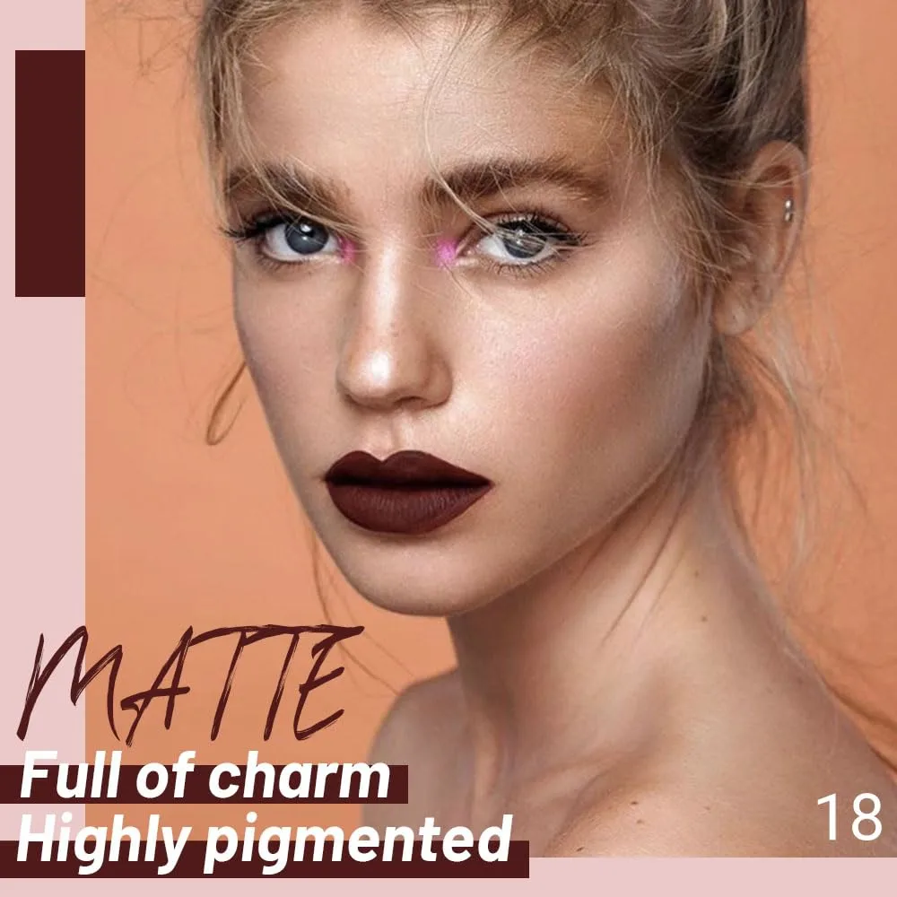 Dark Sienna Matte Liquid Lipstick Lipgloss for Women, Highly Pigmented Rich Colors Lip Stain, Matte Larga Duracion 24 Hour Lipstick Lip Stains Not Fade Waterproof Lipstick Makeup 18#