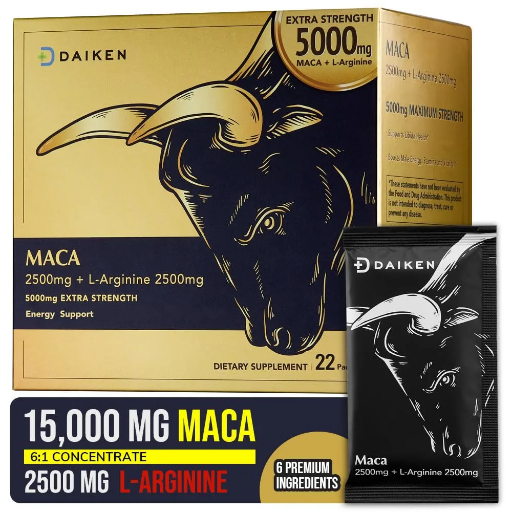 DAIKEN Peruvian Maca Root Powder Extra Strength 15,000 mg, Gelatinized Black, Red, Yellow Maca Blend with L-Arginine (2,500 mg) for Men and Women, Superior Absorption, Vegan, Lab Tested - 22 Packets