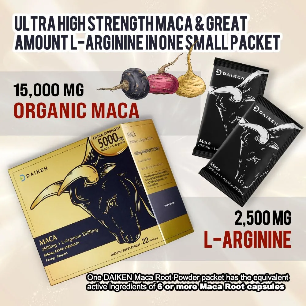 DAIKEN Peruvian Maca Root Powder Extra Strength 15,000 mg, Gelatinized Black, Red, Yellow Maca Blend with L-Arginine (2,500 mg) for Men and Women, Superior Absorption, Vegan, Lab Tested - 22 Packets