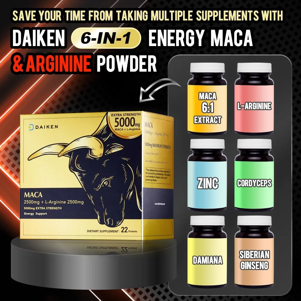 DAIKEN Peruvian Maca Root Powder Extra Strength 15,000 mg, Gelatinized Black, Red, Yellow Maca Blend with L-Arginine (2,500 mg) for Men and Women, Superior Absorption, Vegan, Lab Tested - 22 Packets