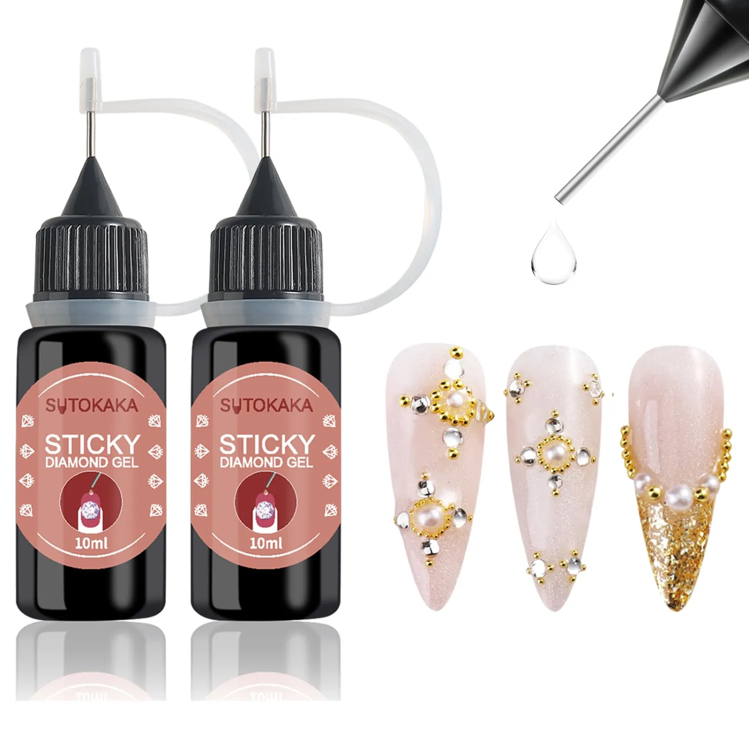 2Pcs 10ml Nail Rhinestone Glue Super Strong Adhesive Nail Glue Gel for 3D Nail Art Charms Gems Jewels Diamonds Crystal Beads Home Manicure Salon Supplies Cured Need