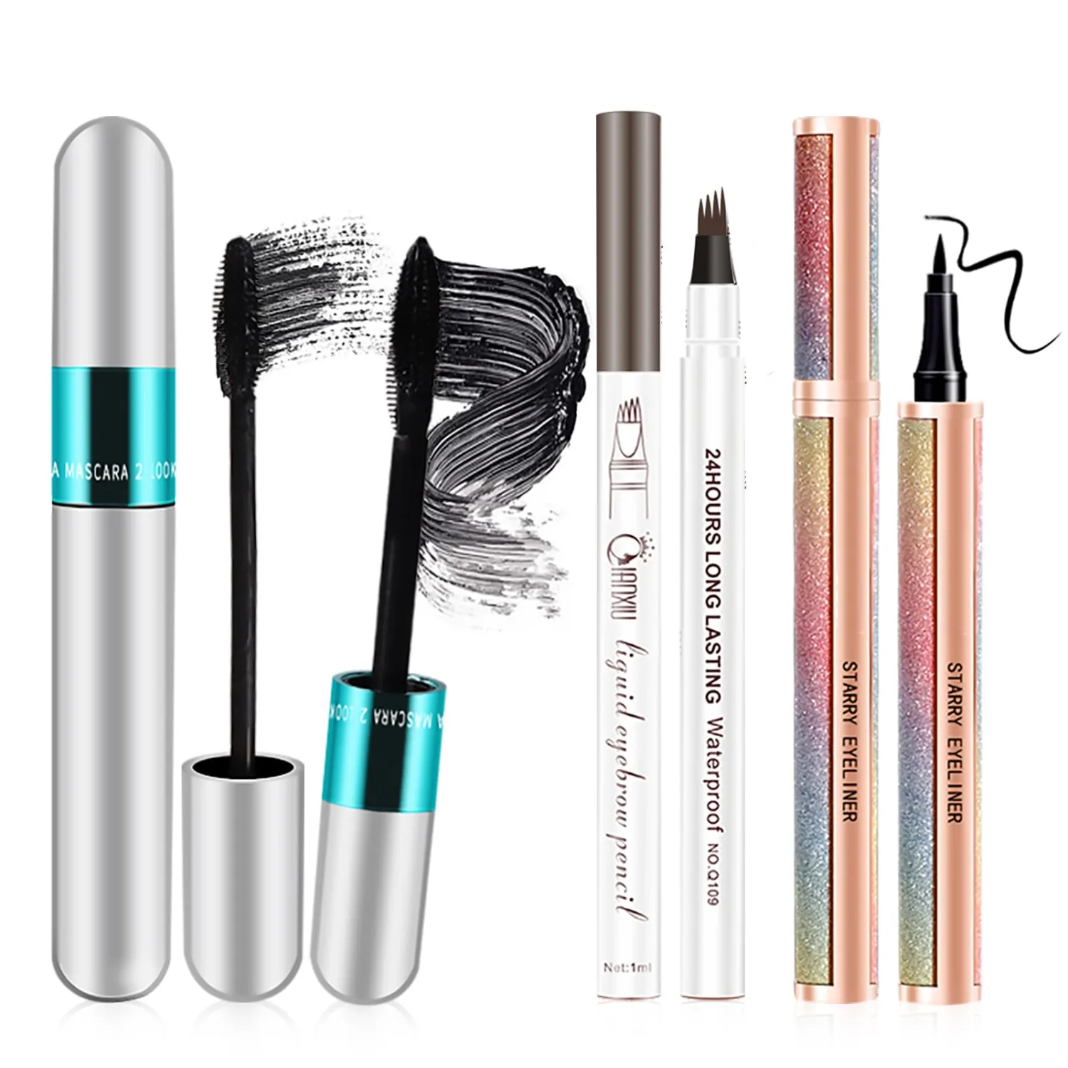 4D Silk Fiber Mascara set, 2 in 1 For VIBELY Mascara & Eyeliner & Eyebrow Pencil (Brown) set, No Clumping, Long-lasting, Creates Natural-Looking Brows and Stays on All Day (3 PCS)