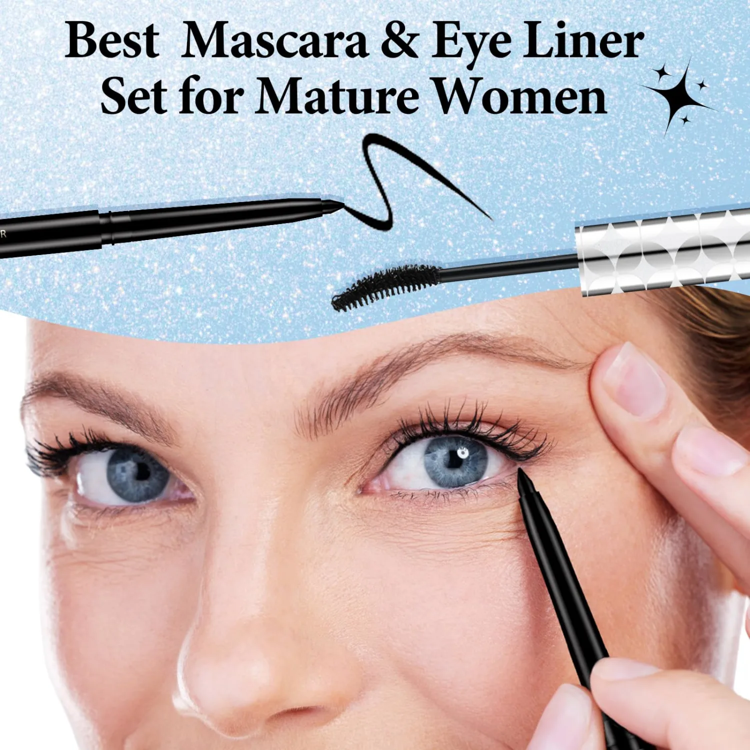 2PCS Black Mascara for Older Women 60 Plus and Eyeliner Pencil Set,Mascara Volume and Length for Mature Women,Cream Eye Liner Gel Pencil,Waterproof Smudge Proof Long Lasting