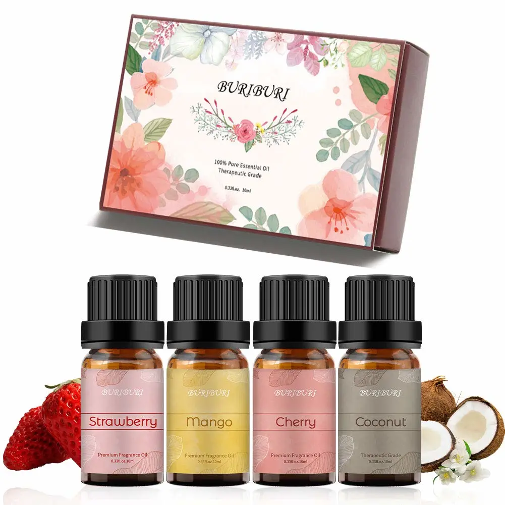 BURIBURI Fruit Essential Oils Gift Set 4Pack - Premium Fruity Fragrance - Strawberry, Cherry, Mango, Coconut for Diffusers, Home, Candle & Soap Making