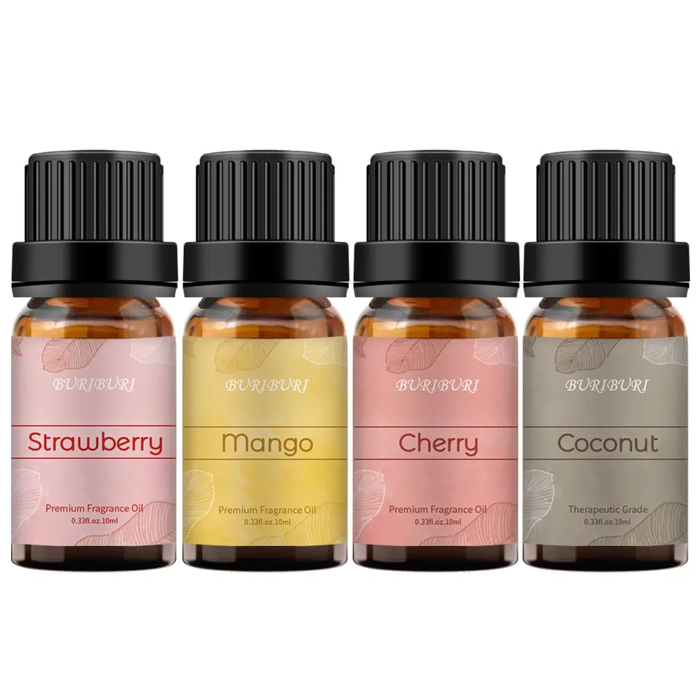 BURIBURI Fruit Essential Oils Gift Set 4Pack - Premium Fruity Fragrance - Strawberry, Cherry, Mango, Coconut for Diffusers, Home, Candle & Soap Making