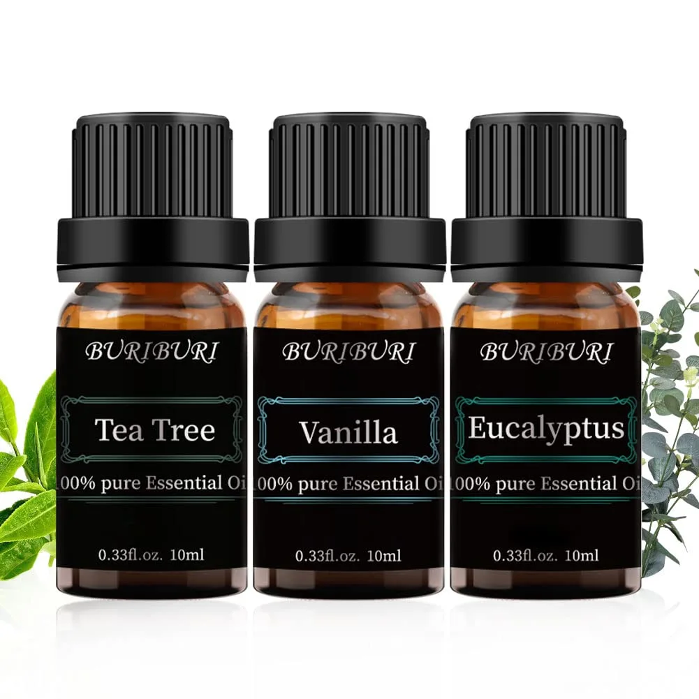 BURIBURI Tea Tree, Eucalyptus and Vanilla Essential Oil Set, 100% Pure 3Pcs Essential Oils Gift Set for Diffusers