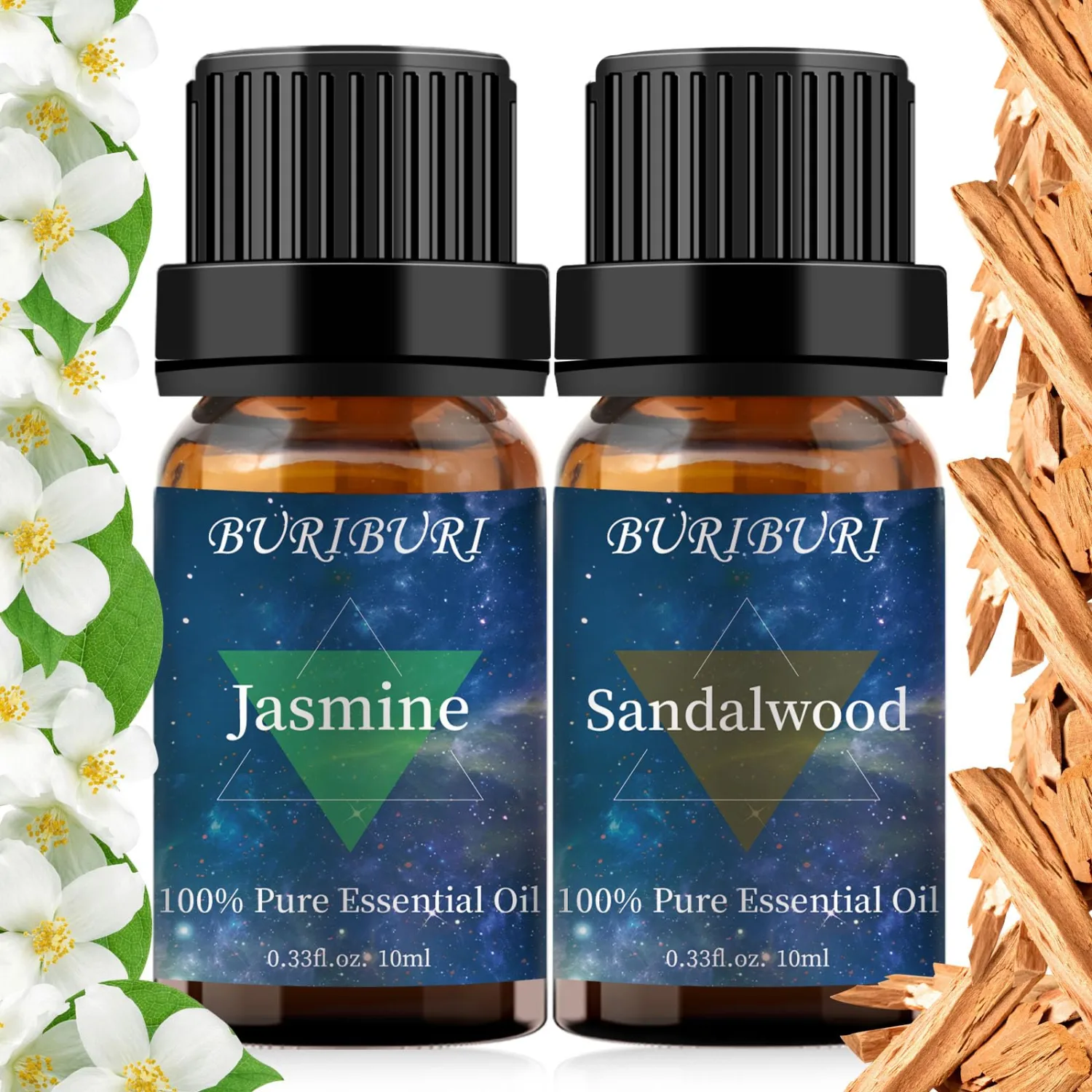 BURIBURI Sandalwood Jasmine Oil Gift Set, 100% Pure, Undiluted, Aromatherapy Essential Oils, 10MLx2